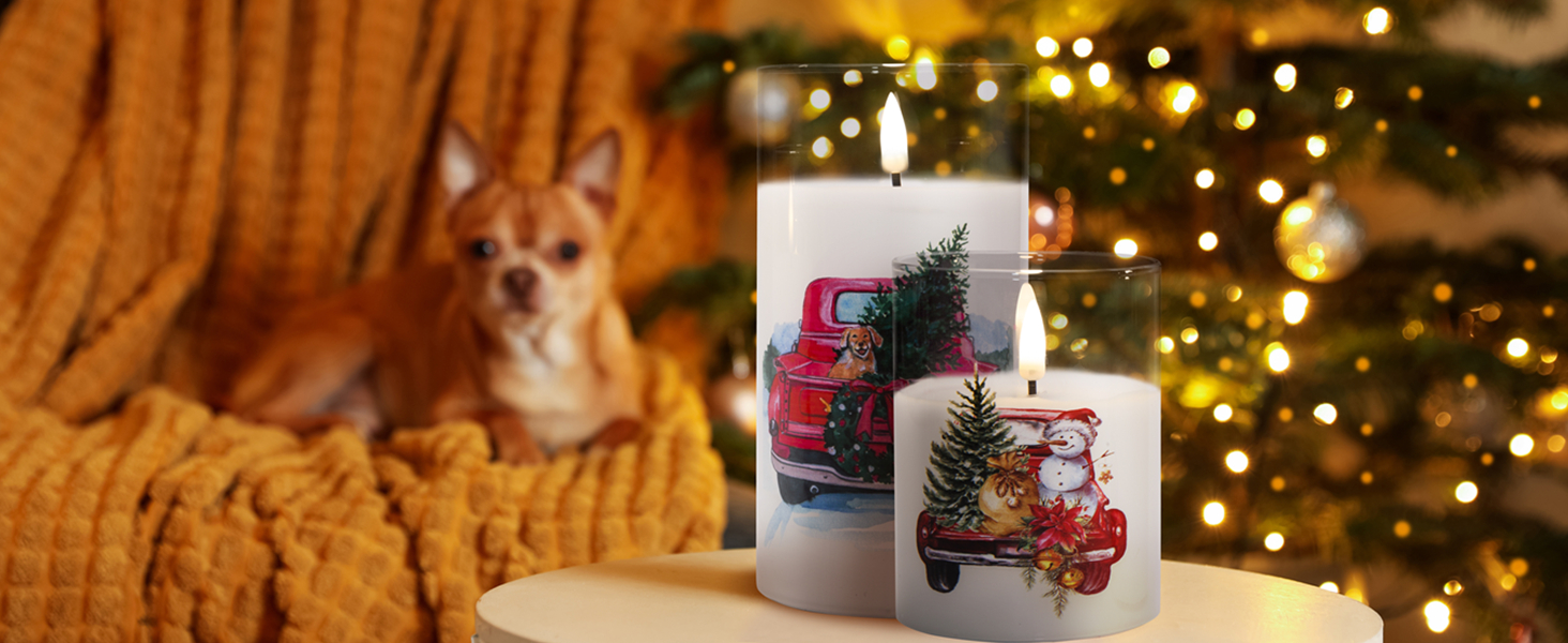 Eywamage Red Truck Glass Flameless Candles with Remote, Flickering LED