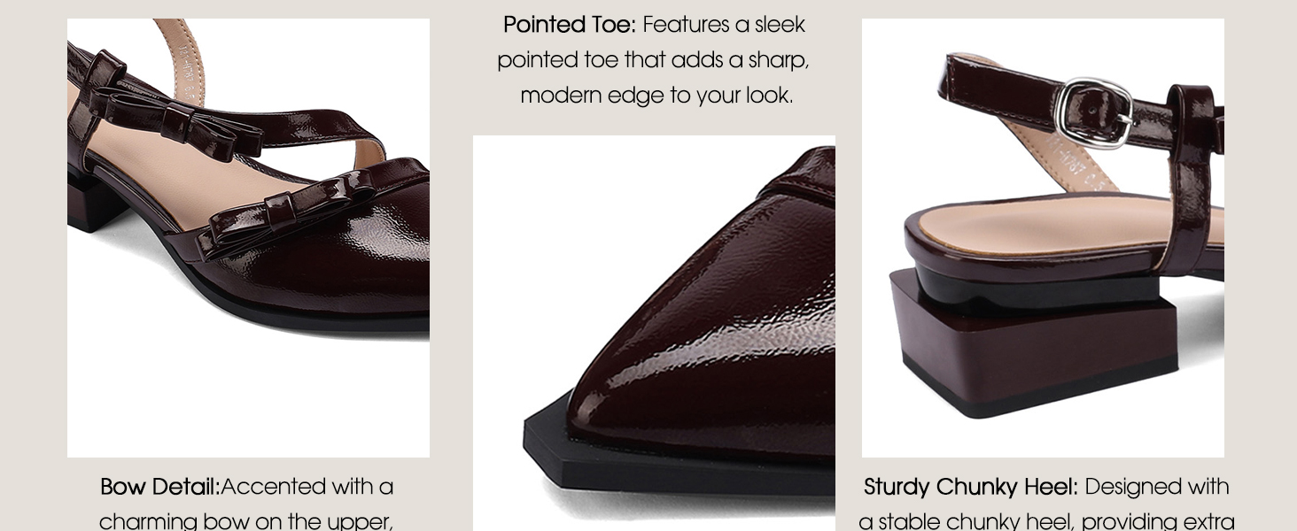 3 details of the cute sandal: poingted toe, chunky heel, slingback