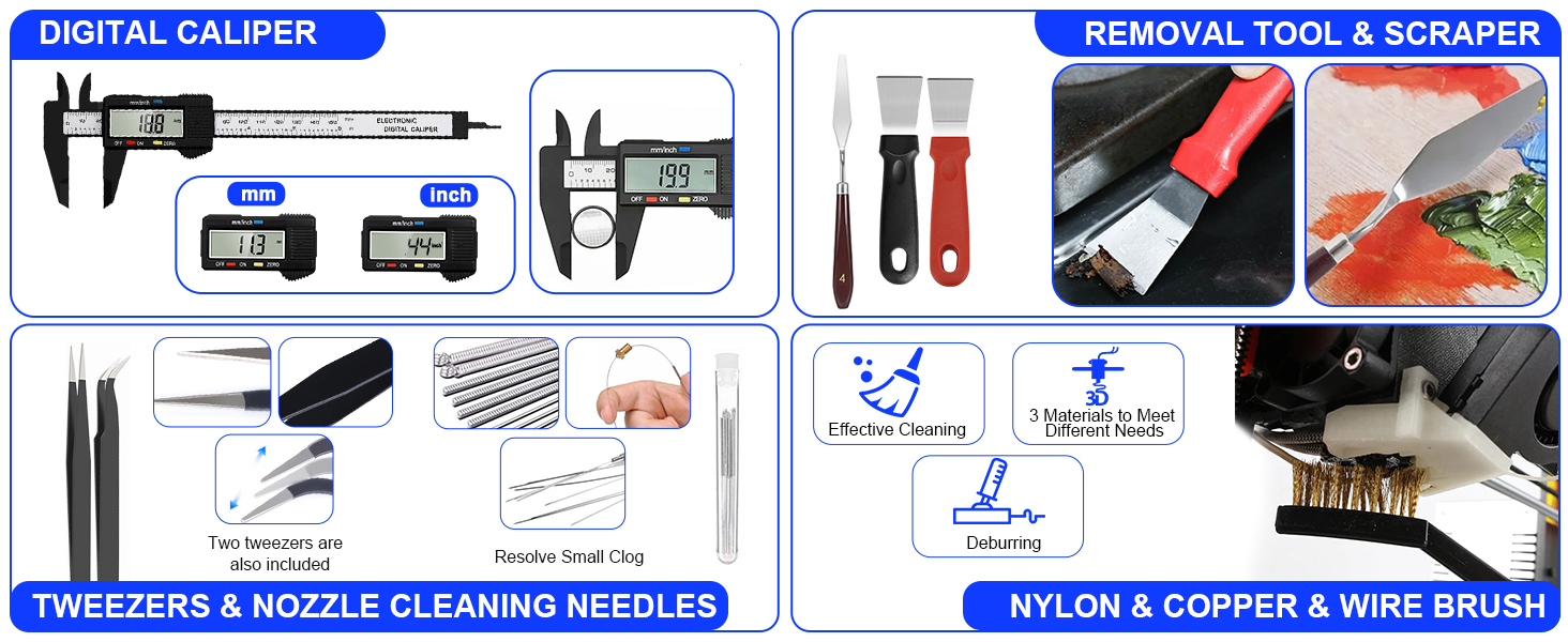 112 PCS 3D Printing Tool Kit, 3D Printer Accessories with Nozzle Cleaning Kit, Deburring Tool, Digital Caliper, Pliers, Wrench Set, Cutting Mat, Tool Bag, for 3D Print Removing, Cleaning, Finishing 8 112 PCS 3D Printing Tool Kit