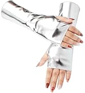 CALFOVERA Silver Shiny Metallic Fingerless Gloves Short PU Leather Arm Sleeves Stretchy Gothic Pu...