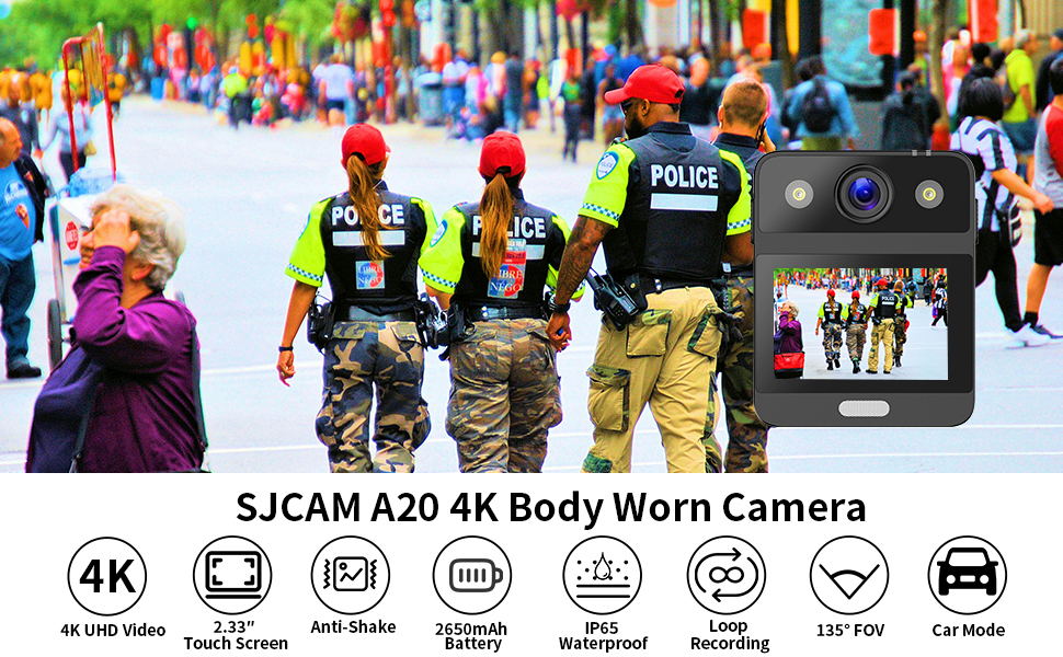SJCAM A20 Body Camera กล้องติดตัว แบตเตอรี่ 2650mAh บันทึกต่อเนื่อง 7-10 ชั่วโมง 4K / 24FPS