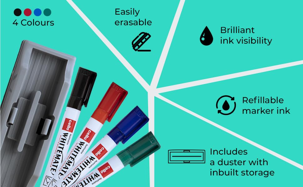 Cello Whitemate Whiteboard Markers Set of 5 Assorted Ink Colours