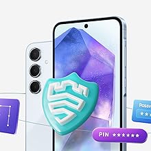 Um smartphone com o ícone de segurança do Samsung Knox na tela, com ícones de senha, PIN e padrão.