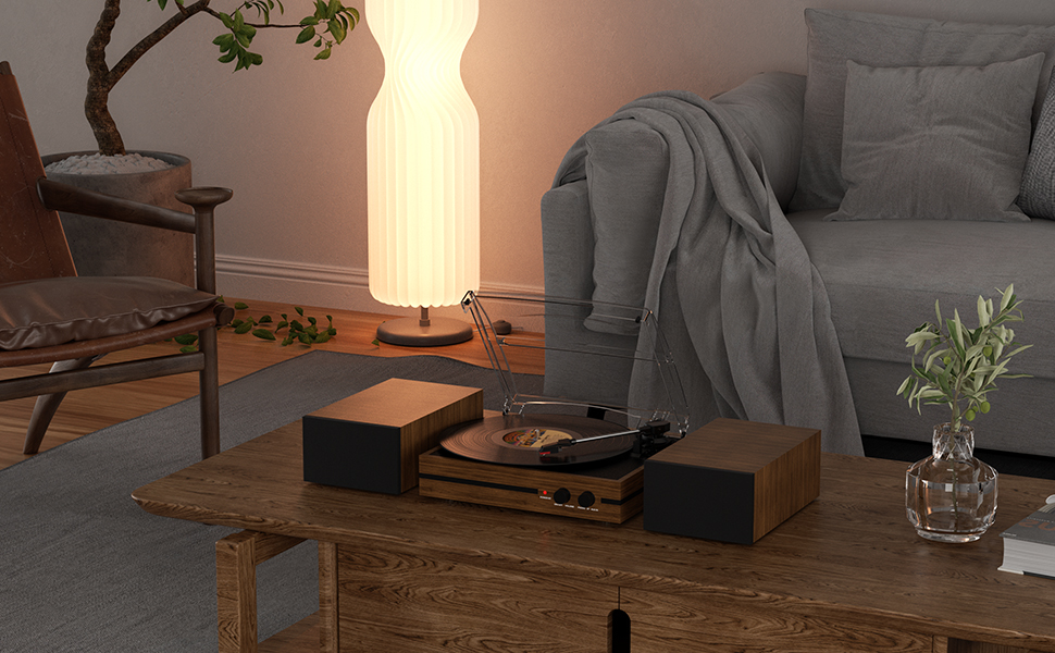 Modern living room setup with wooden turntable console on coffee table, illuminated floor lamp, grey sofa with throw blanket, and small potted plant.