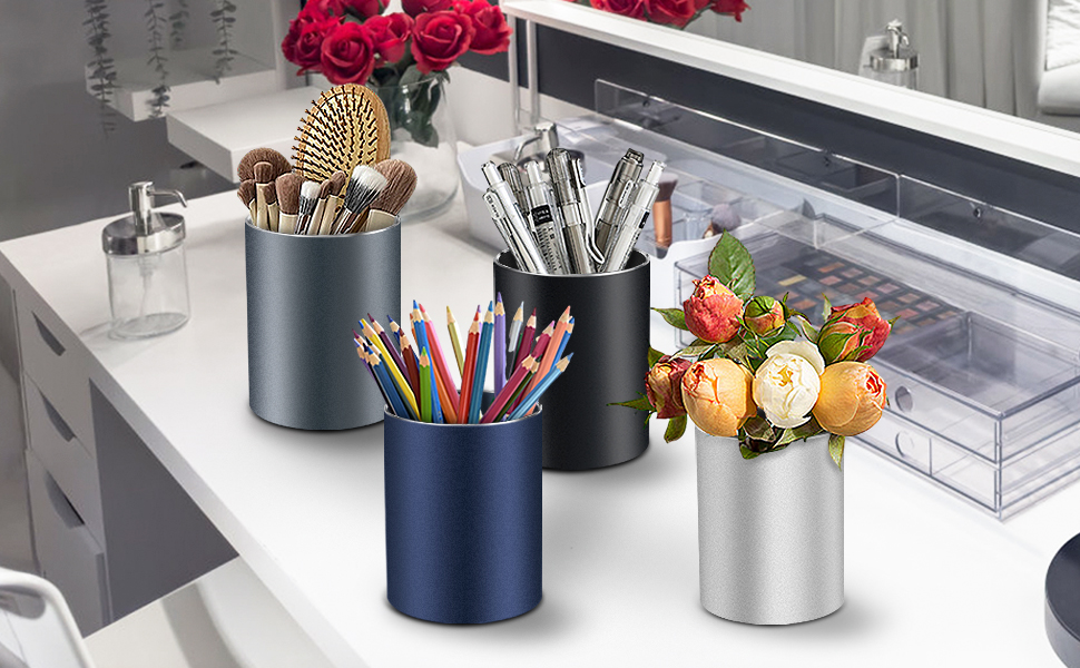 Metal Pen Holder for Desk Round Aluminum Desktop