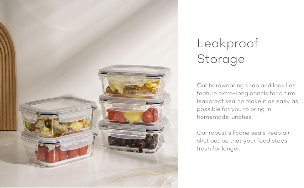HOCHSTE Airtight Glass Food Containers with Lids - 3-Pack, 100% Leak Proof Storage Containers 