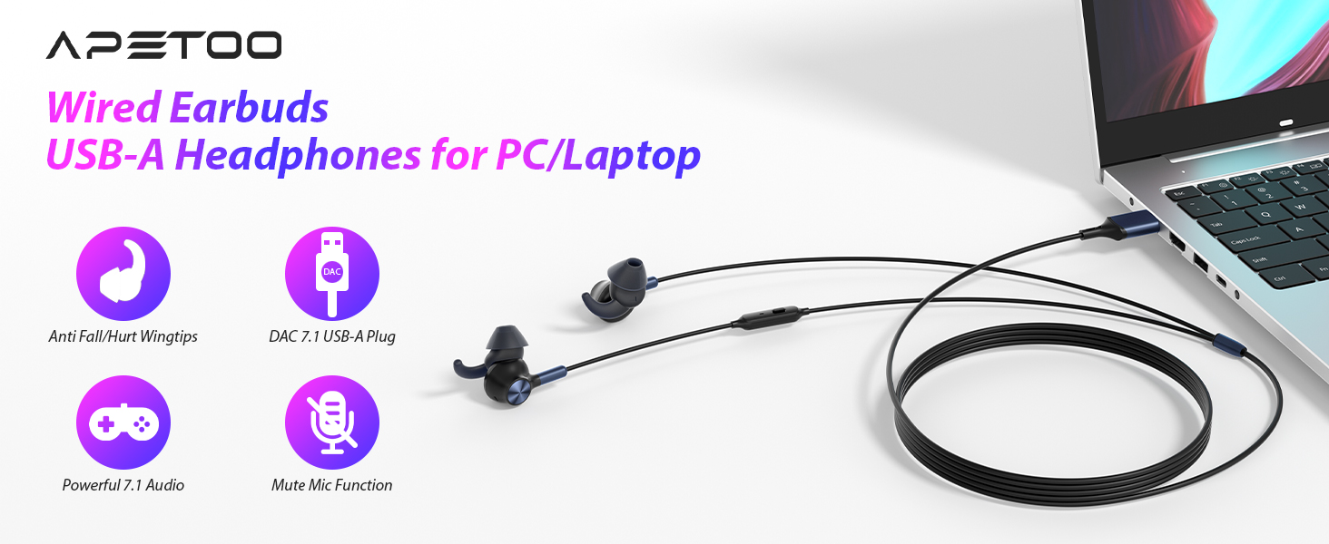 wired earbuds usb-a headphones for pc/laptop
