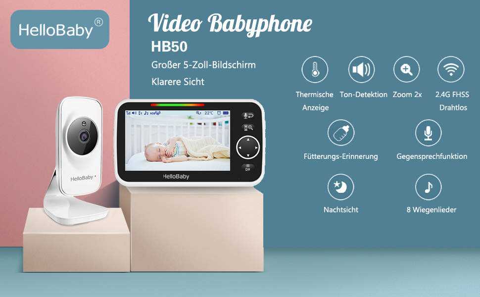 VideoBabyphone mit Kamera und Audio, 5" LCDBildschirm, InfrarotNachtsicht, Temperatur