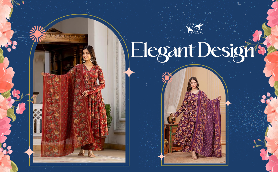 SPN-JGSP Women's Cotton Blend V-Neck Anarkali Printed Kurta