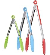 iNeibo Kitchen Tongs 7 9 12 inch 3 Pack - Non-Slip Smart Locking Stainless Steel Cooking Tongs wi...