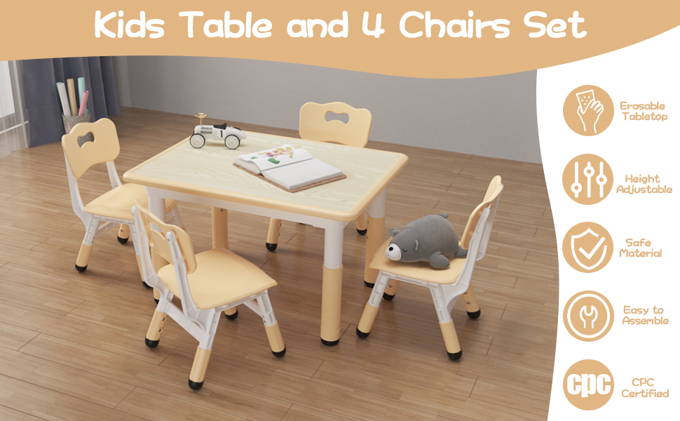 Der Text lautet „Set mit Kindertisch und 6 Stühlen“. Kindermöbelset aus Holz mit natürlicher Oberfläche, das Tisch und Stühle aus verschiedenen Blickwinkeln zeigt und mit Symbolen der Produktmerkmale versehen ist.