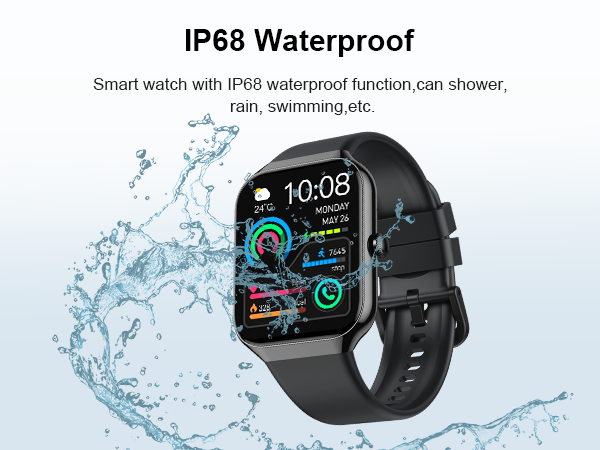 Square-faced smartwatch with IP68 waterproof rating, featuring colorful digital display and black silicone strap, shown with water splash effects.