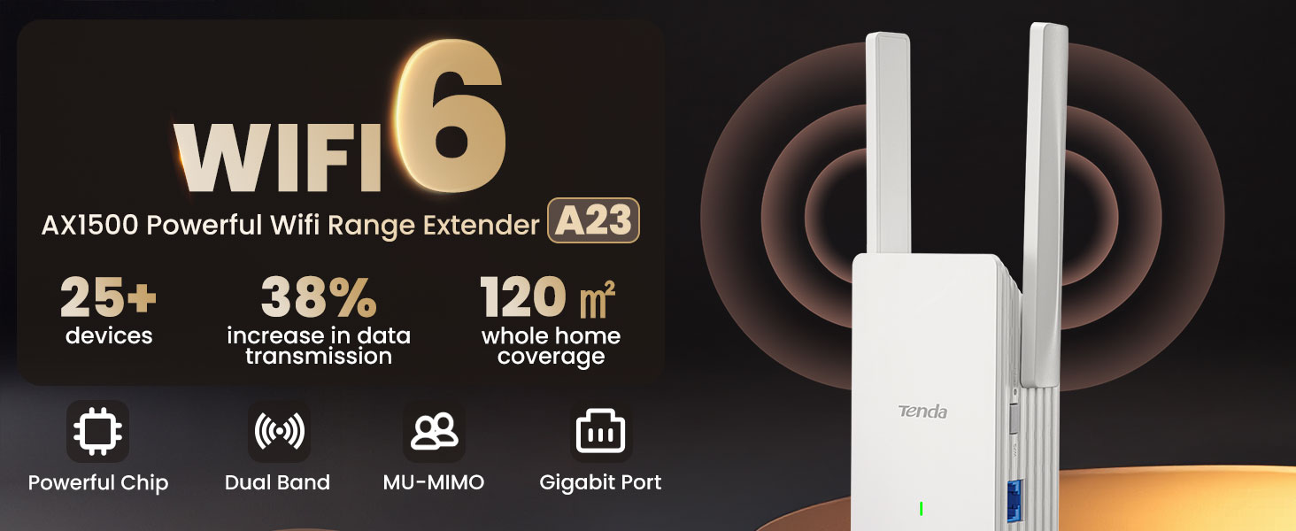 Tenda A23 wifi extenders signal booster for home feature: wifi 6, GE Port, WPA3, OFDMA, MU-MIMO