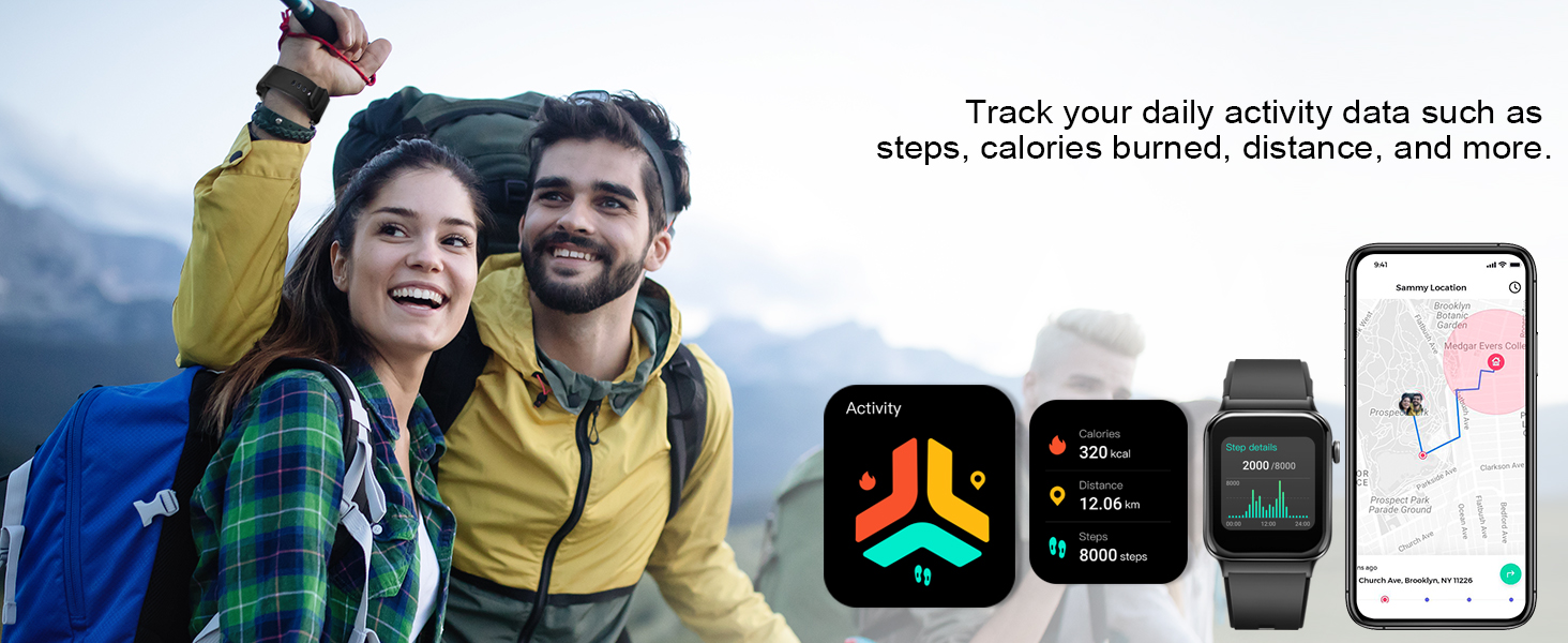People hiking with the Donerton T50S Smart Watch, showing activity tracking data like calories, distance, and steps on the watch and app.