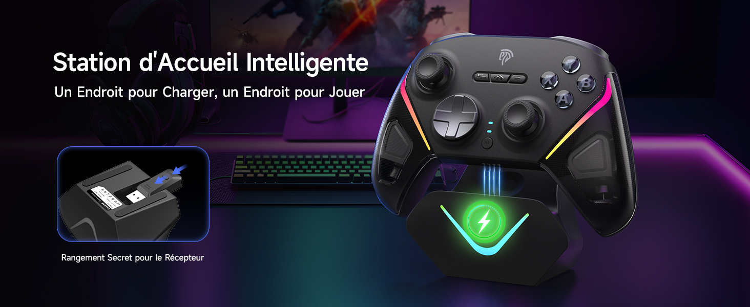 Le texte indique « Station d'Accueil Intelligente ». Manette de jeu avec éclairage LED sur fond dégradé bleu-violet avec éléments d'interface techniques.
