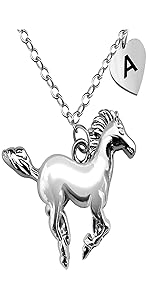 BANCHELLE Horse Necklace Heart Initial Pendant Necklace with Pouch for Girl Boy Birthday Gift
