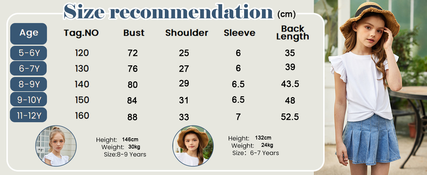 Size charts of Arshiner girls t-shirts