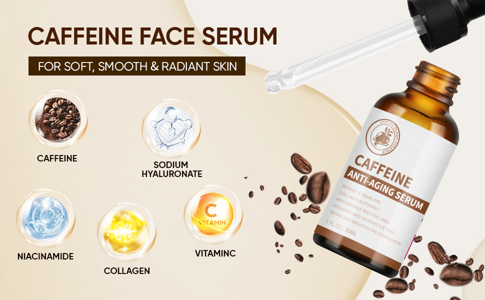 Caffeine Face Serum & Under Eye Serum, AntiAging Face Serum with Vitamin C