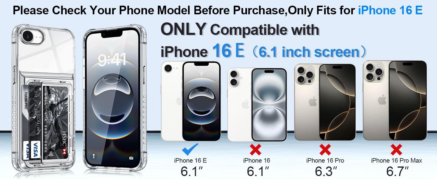 Text reads 'ONLY Compatible with iPhone 16 E' followed by phone model compatibility chart showing various iPhone models with checkmarks and X marks.