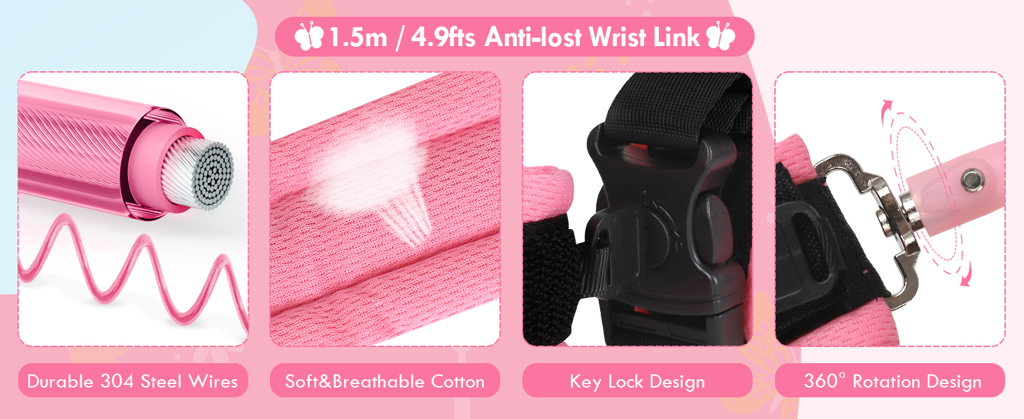 girl toddler leashes harness wrist link backpack, baby leash pink butterfly leash for kids