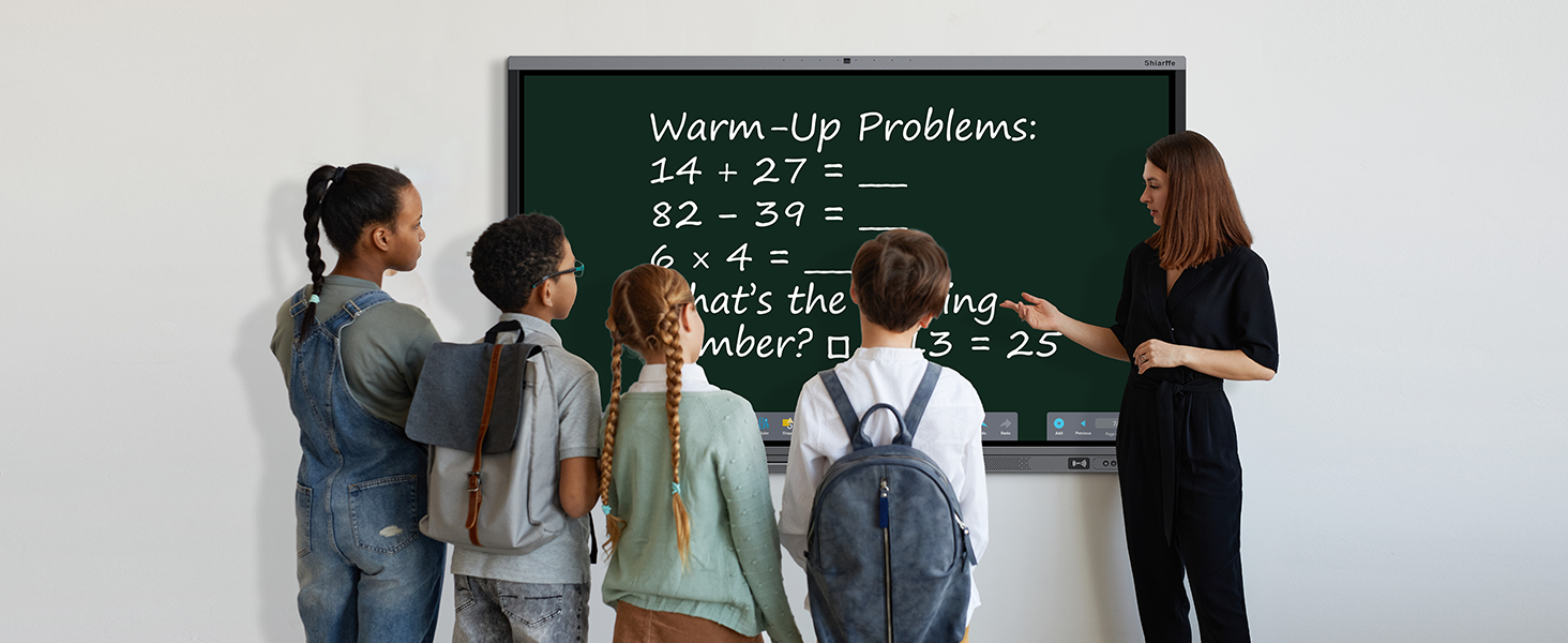 A female teacher is teaching math to her students using a smart board