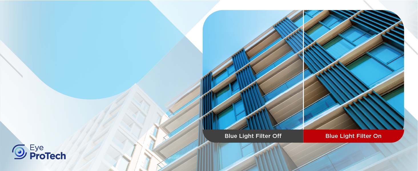 Building facade diagram showing blue light filter technology application on glass windows, with comparative panels demonstrating filter effects. ProTech logo visible.