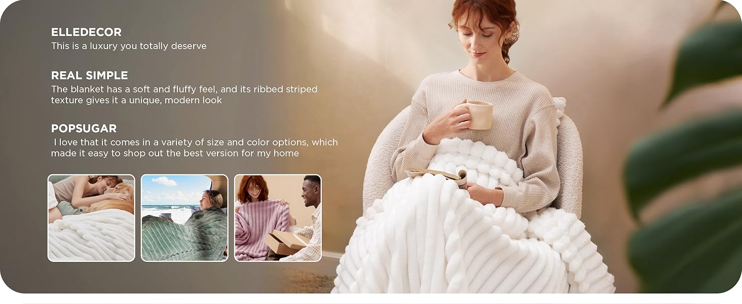 Marketing layout showing multiple panels demonstrating the use of a white textile or blanket product, with text overlay describing features.