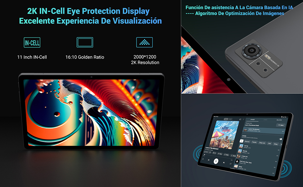 El texto dice «Panel de protección ocular 2K IR-Cut». Varias pantallas de interfaz digital que muestran pantallas de teléfonos inteligentes o tabletas con diversos gráficos coloridos y especificaciones técnicas.