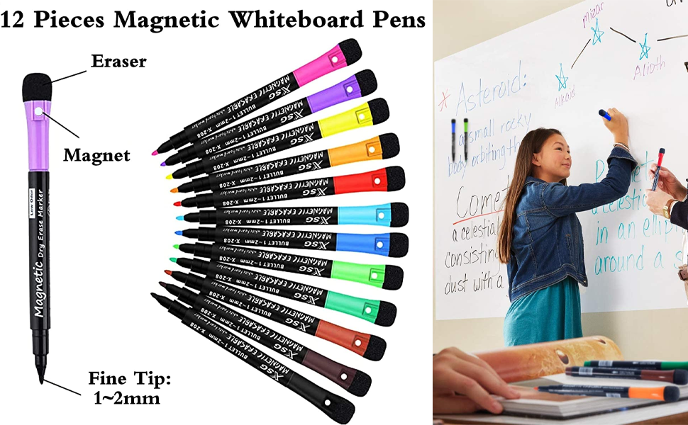 Xspring Dry Erase Markers, 12 Colors Fine Tip Whiteboard