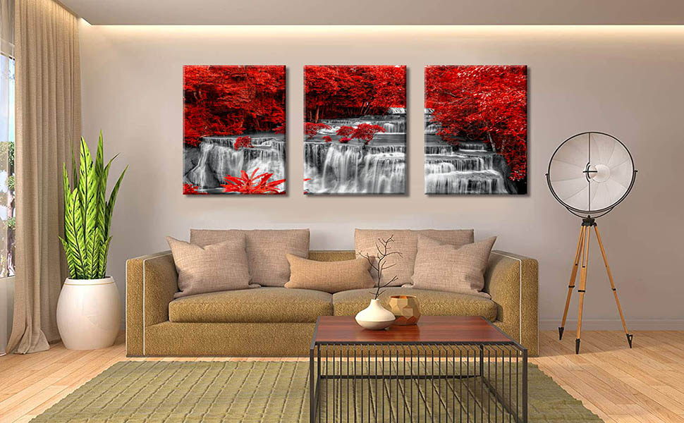 3 Pieces Waterfall Canvas Wall Art Black White and Red