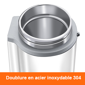 Gros plan de l'ouverture du contenant à double paroi en acier inoxydable, montrant une construction en acier inoxydable de qualité 304 avec