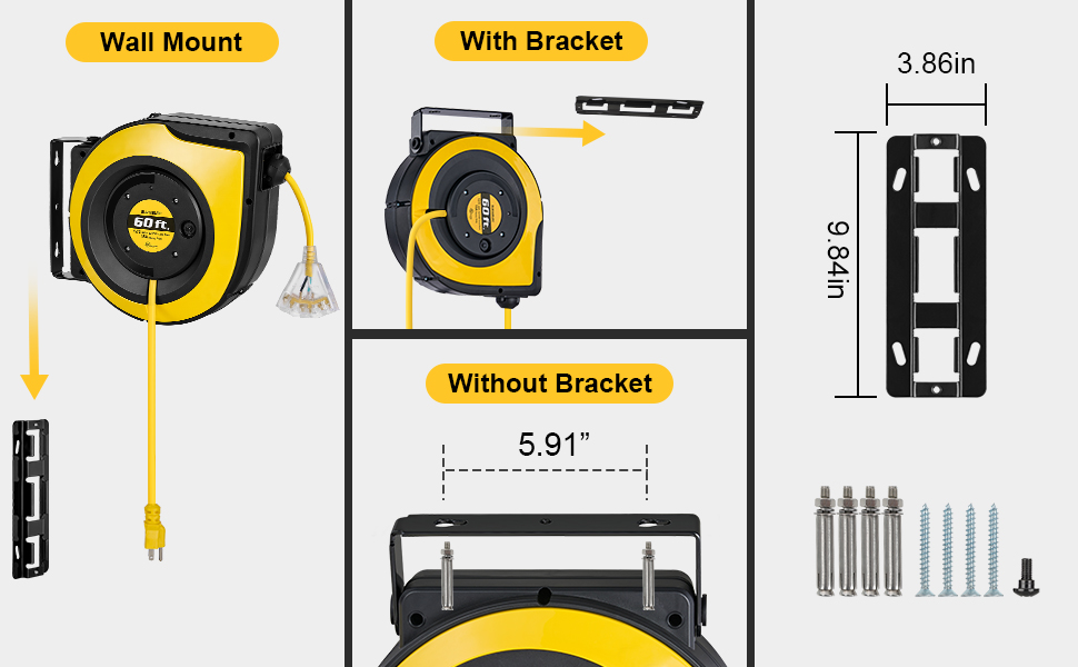 Suraielec 12 Gauge Extension Cord Reel, 60 FT Retractable
