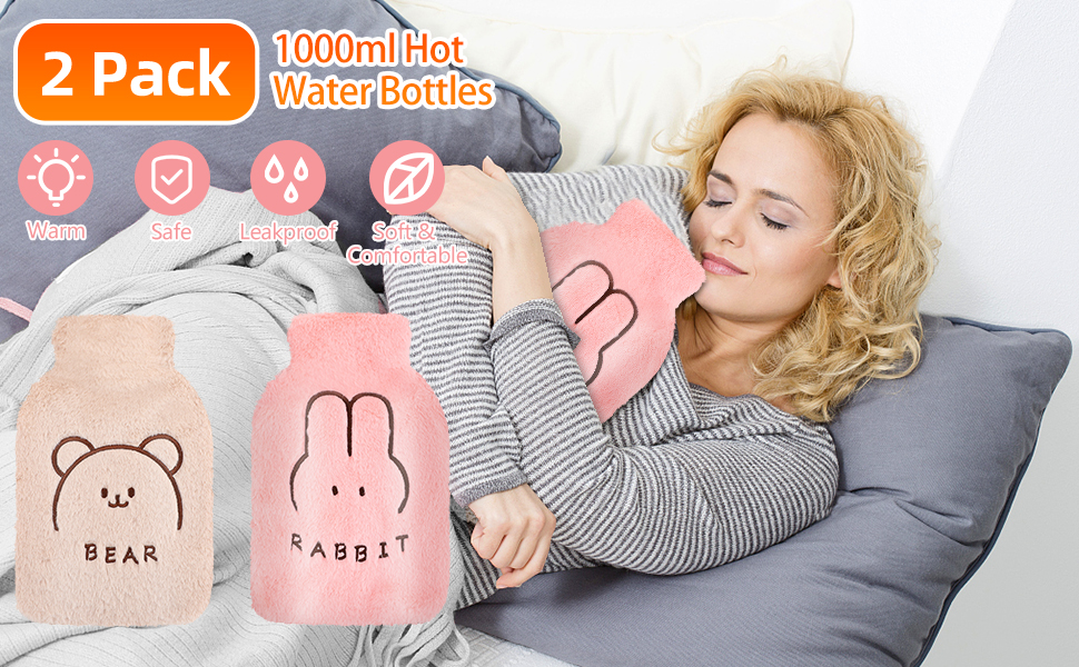 2 Pack Hot Water Bottle, Globalstore 2L Large Water Bags with Removable Soft Fleece