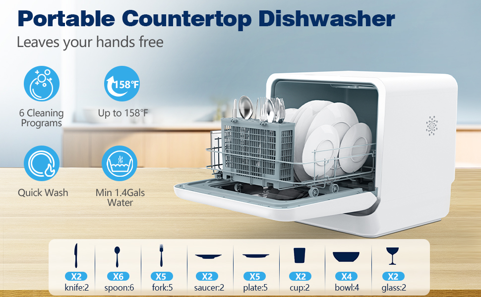 COMFEE’ Portable Mini Dishwasher with 8 Programs