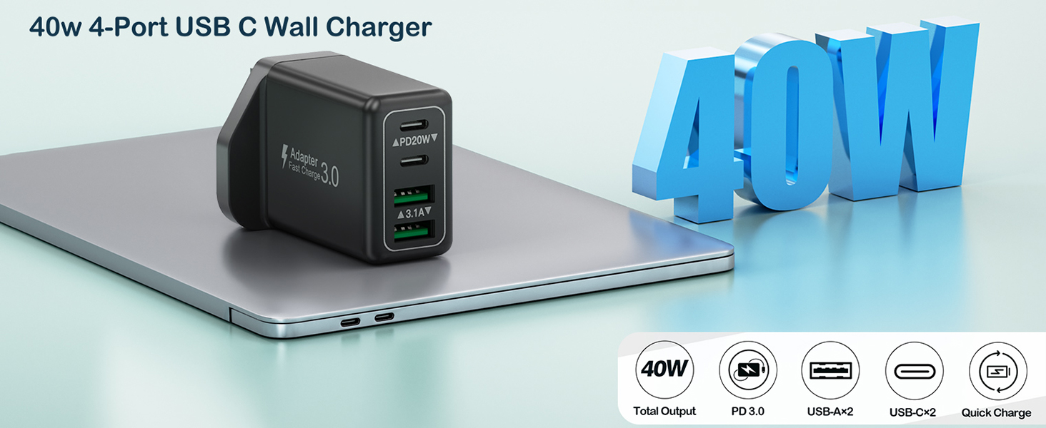 USB C Charger Plug UK, 40W 4 Port USB Plug Fast Charging Dual USB-C ...