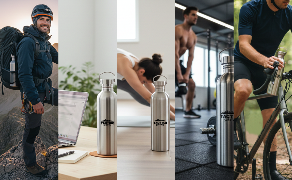 Insulated stainless steel bottle shown being used in multiple daily and outdoor scenarios.