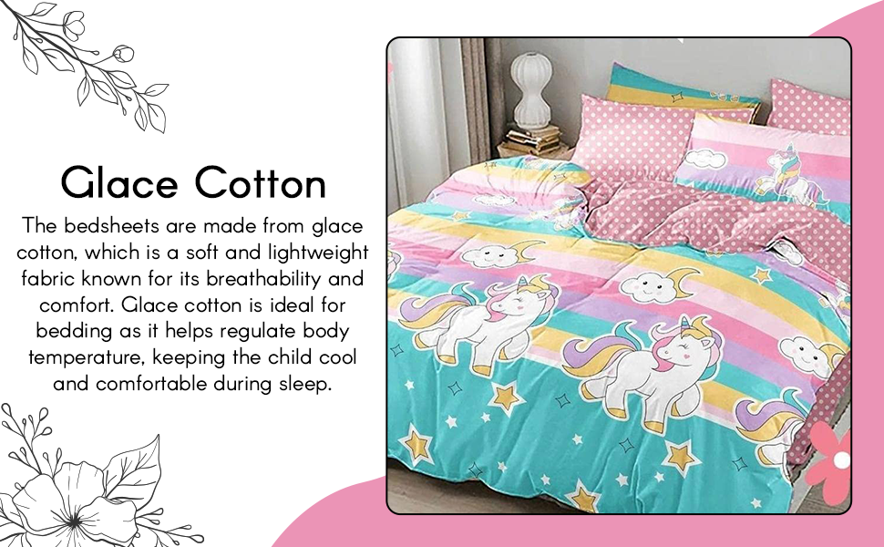 Fablicious Glace Cotton Unicorns Print Cartoon Bedsheet For Kids Double