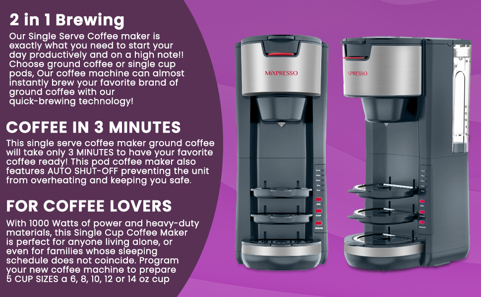 Mixpresso Single Serve 2 in 1 Coffee Brewer KCup Pods