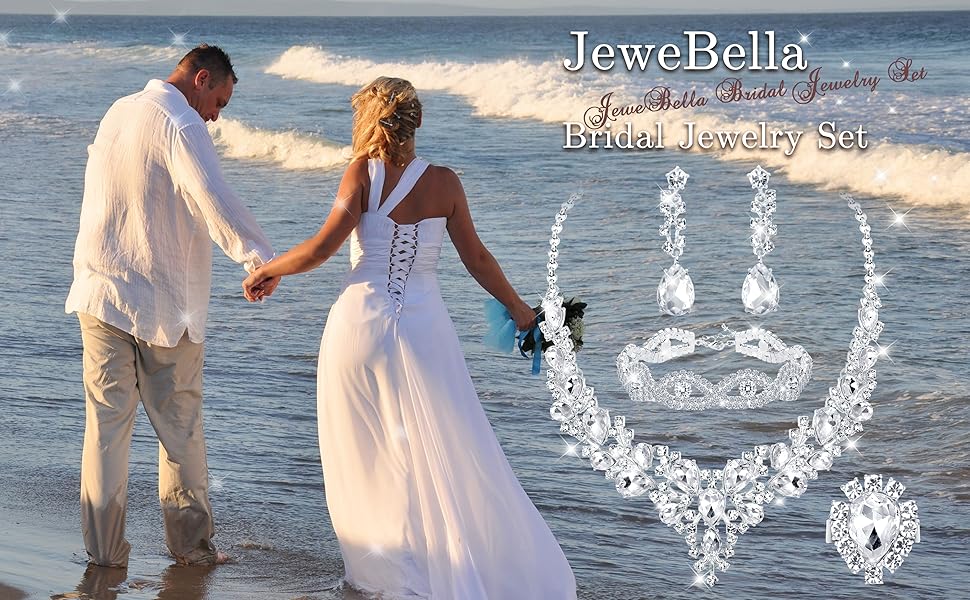 JeweBella 5PCS Bridal Wedding Jewellery Set for Women Crystal Teardrop Cluster Necklace Dangle Earrings and Zircon Bracelet Ring Set Wedding Engagement Bridesmaid Costume Dress Prom Jewellery 9 1