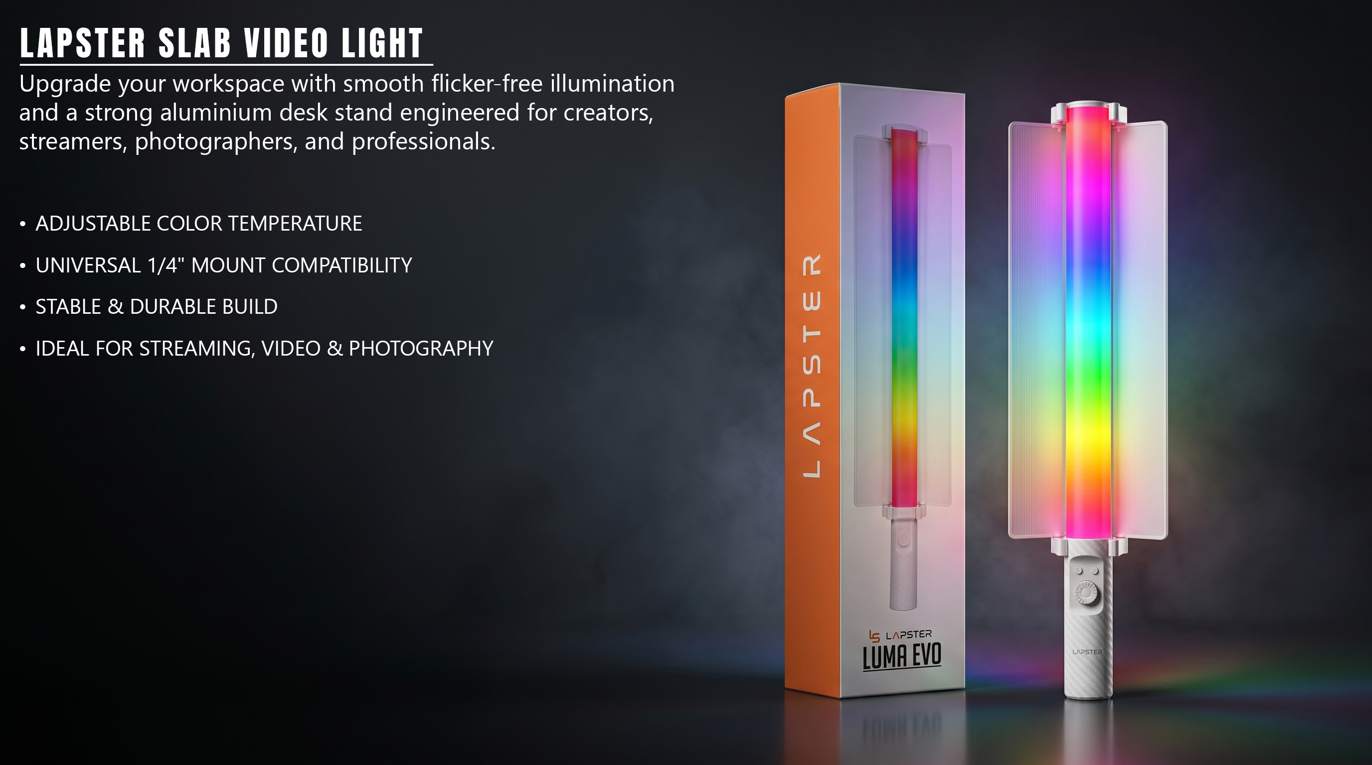 Lapster Luma Evo Stick 10W Light Portable Handheld RGB LED Light Wand with Barn Door & Remote Control, Color Temp 2700-12000K + RGB