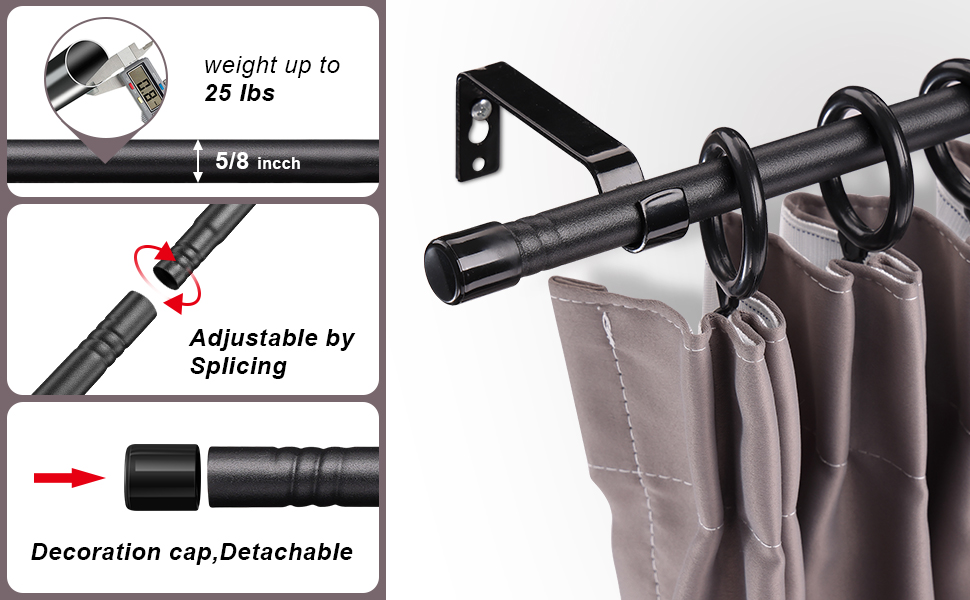 Black Curtain Rods 2 pack Modern Curtain Rod for Windows 28 to 48 inch, Adjustable