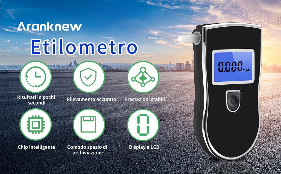 Etilometro Portatile Aranknew - Certificato, Display LCD, Con 20 Boccagli E Batterie, Sensore Semiconduttore