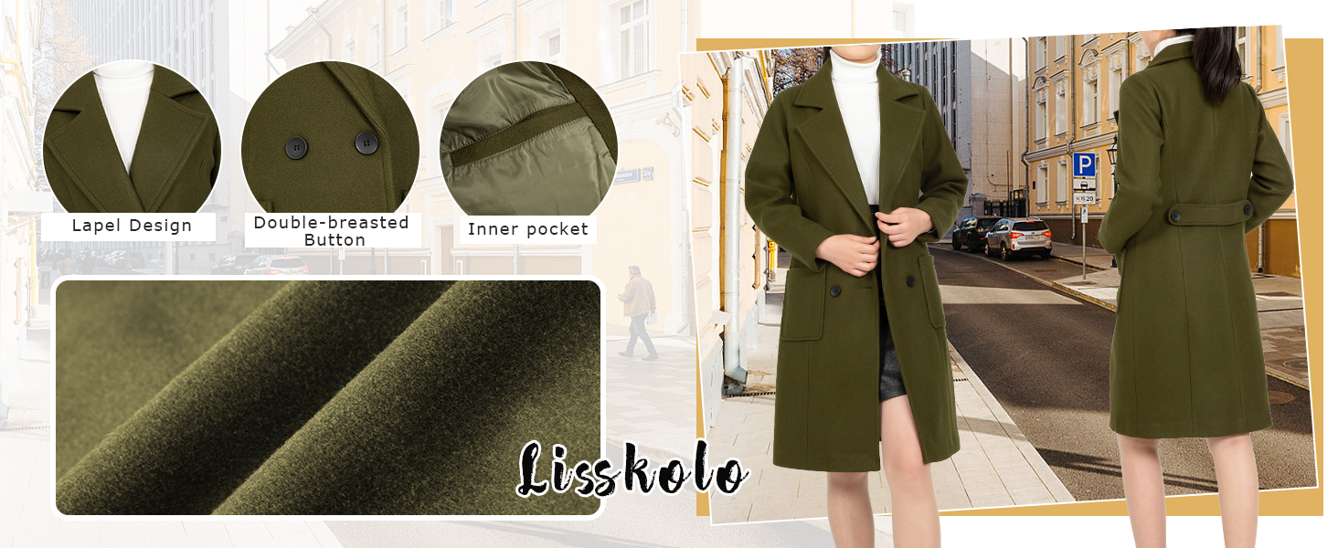 Women's Wool Trench Coat Double Breasted Pea Coat Nortched Laple Mid Long Wool Blend Overcoat
