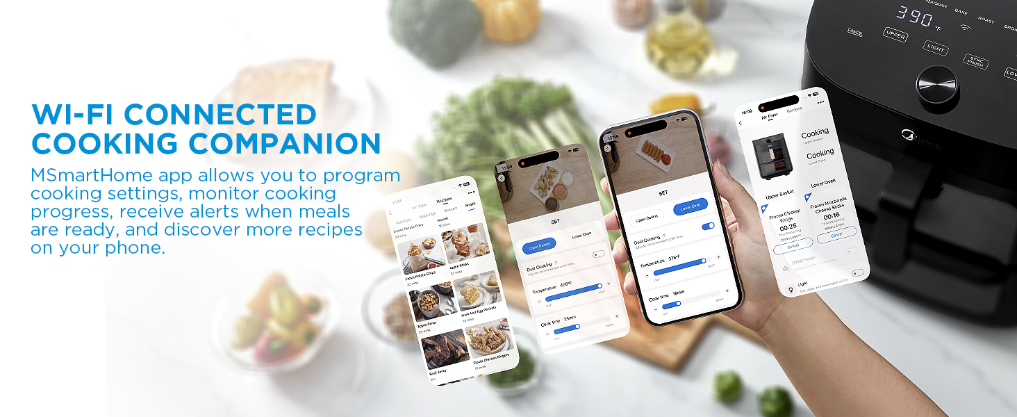 Midea 11 Quart 8-in-1 Dual Deck Air Fryer with 2 Independent Frying Baskets, Smart Sync Finish