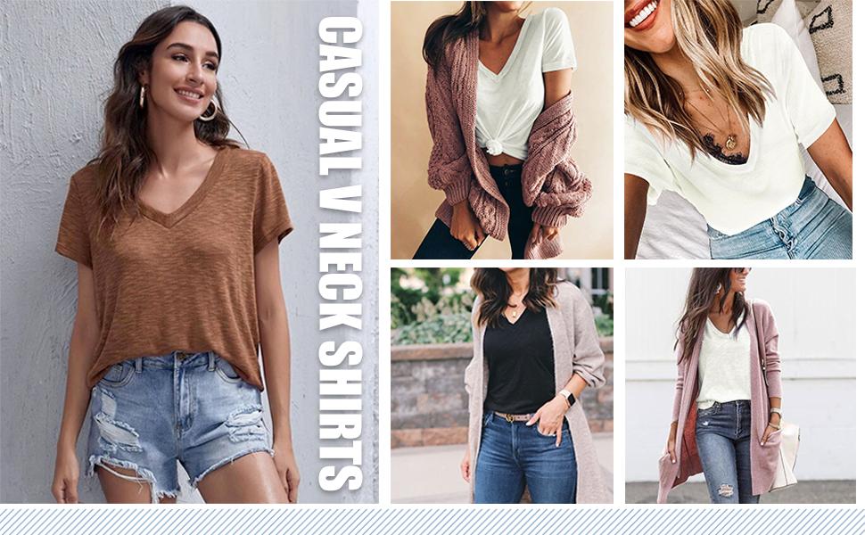 WIHOLL Ladies Tops Summer Short Sleeve V Neck T Shirts for Women UK