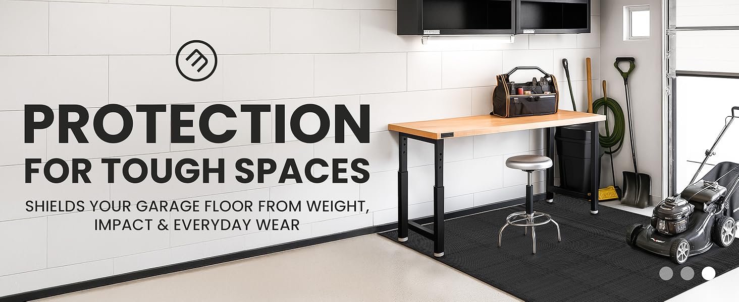 Garage workspace with EVA mats – shields floor from weight, impact, and heavy use.