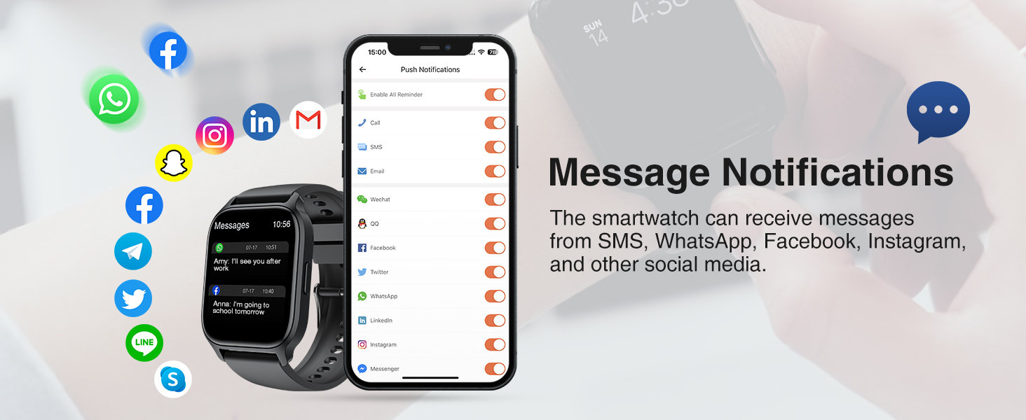 Smartwatch displaying message notifications from various apps. Smartphone screen shows corresponding notification interface.