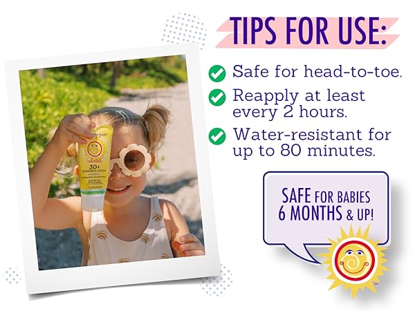 Tips for use: safe for head-to-toe use. Reapply every 2 hours. Water resistant up to 80 minutes.