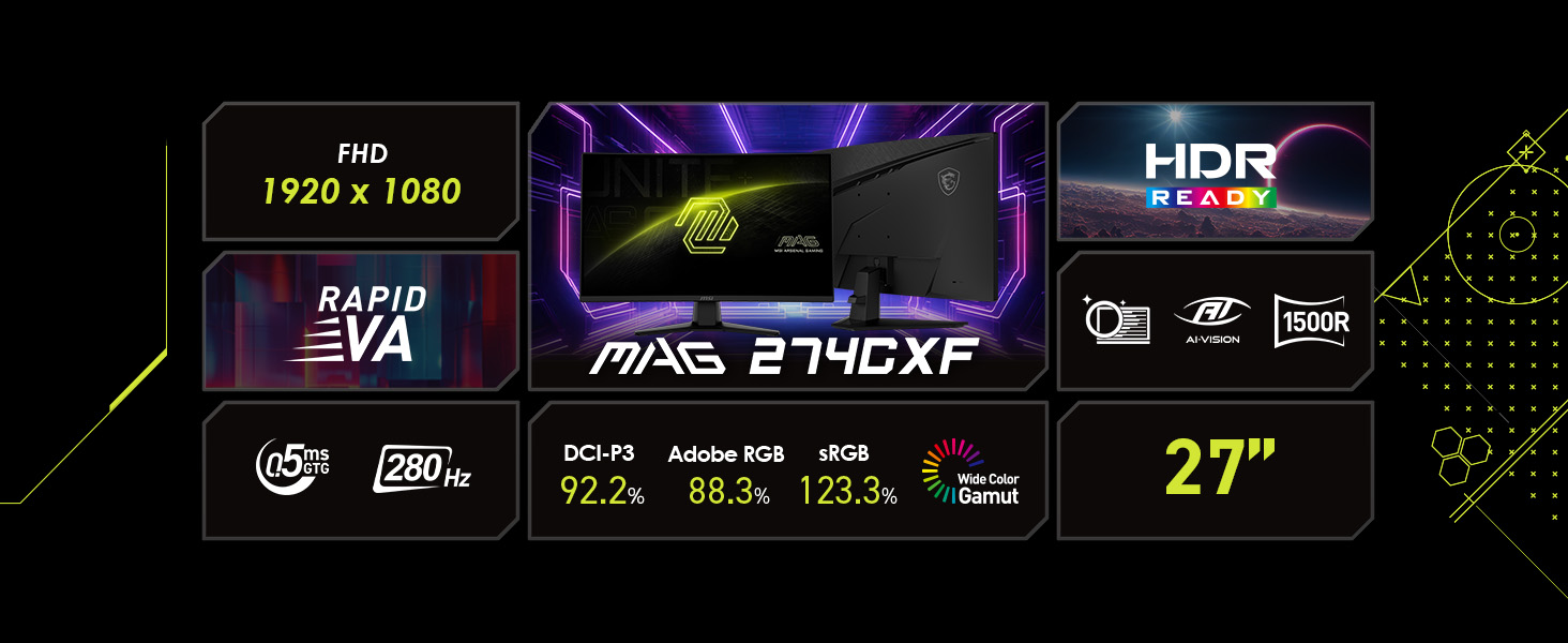 FHD 280Hz Refresh Rate; 27" Rapid VA Panel, HDR Ready