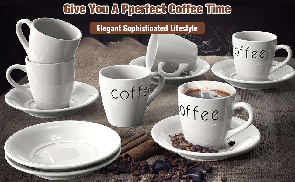Porcelain Small Espresso Cups with Saucers Set of 6, 2.6 oz Coffee Cup and Saucer